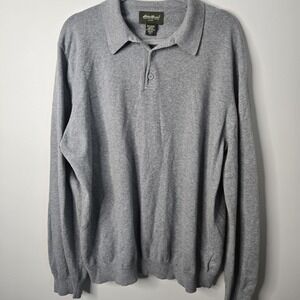 Eddie Bauer Men's Cotton Cashmere Sweater Polo Collared Henley Gray Size XL Tall